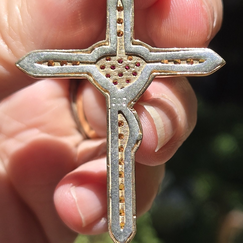 Citrine & Ruby Sterling & Gold Cross W/heart Pendant - Picture 9 of 9